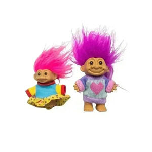 Vintage Russ Berrie Troll Dolls Set of 2 Pink & Purple Hair Retro 3-4"